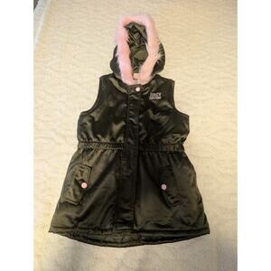 Juicy Couture Girls 8 - 10 Puffer Vest Jacket Olive Green Faux Fur Hood Pockets